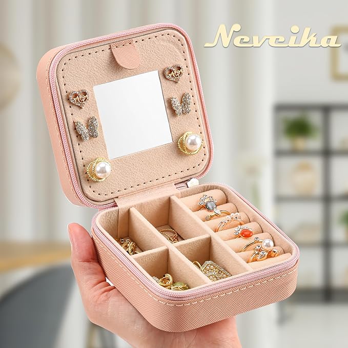 Neveika Jewelry Box with Mirror,Small Jewelry Organizer Box，Travel Jewelry Case for Women，Gift Jewelry Boxes for Female Girls (2pcs mirror pink)