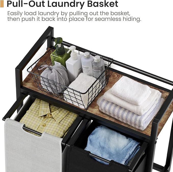 SwaaVee Laundry Hamper, Laundry Basket, Laundry Sorter with 2 Removable Bags, Clothes Basket with 2 Compartments, Wheels, Shelf for Laundry Room Bathroom Bedroom (2 Bags-Black Grey)