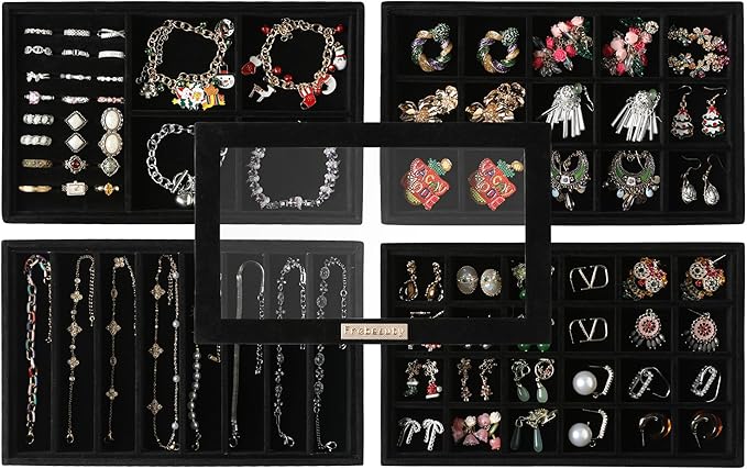 Frebeauty Stackable Jewelry Trays, Velvet Drawer Jewelry Organizer with Glass Lid,5 in 1 Multi-Functional Jewelry Storage for Earrings Necklaces Rings, 10.5 x 6.5 x 5.55 Inches Gift for Women(Black)