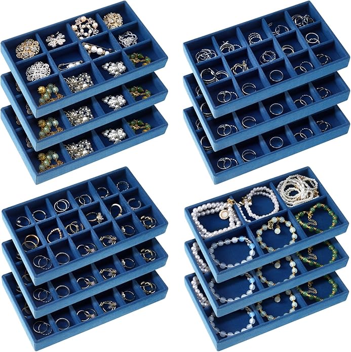 Junkin 12 Pcs Jewelry Tray Velvet Stackable Jewelry Organizer Trays Divided Earring Accessories Storage Containers Box (Rose Red)