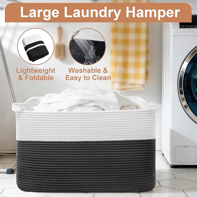 75L Large Blanket Basket, Rectangular Cotton Rope Basket, Laundry Hamper for Blankets, Pillows, Extra Large Toys Storage Bins for Kids, Dogs 22" x 17" x 12", White & Black