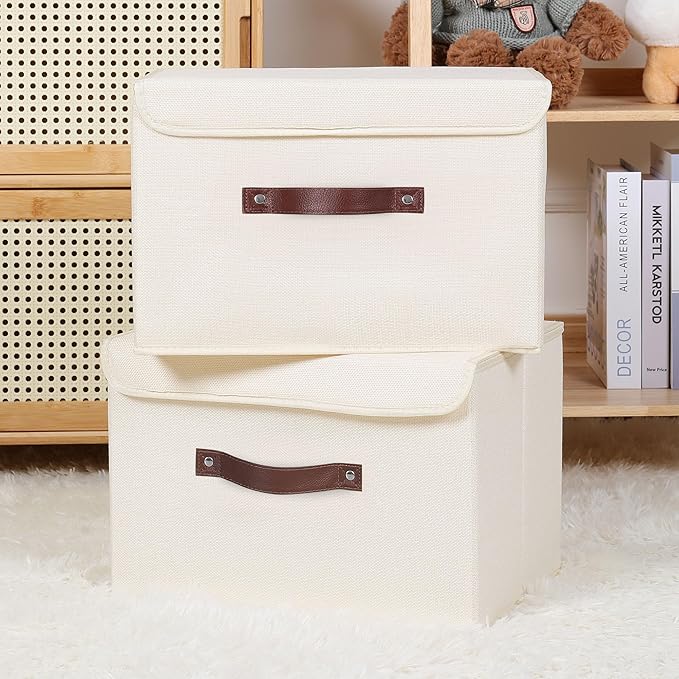 ANMINY Storage Bin with Lid Storage Boxes with PU Leather Handles PP Plastic Board Decorative Foldable Lidded Cotton Linen Fabric Home Cubes Baskets Closet Organizer Container - Beige, Medium