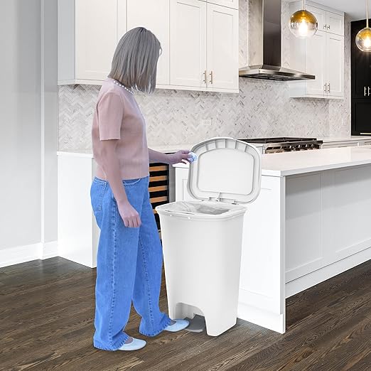 Glad 13 Gallon Trash Can | Plastic Kitchen Waste Bin with Odor Protection of Lid | Hands Free with Step On Foot Pedal and Garbage Bag Rings, 13 Gallon, White