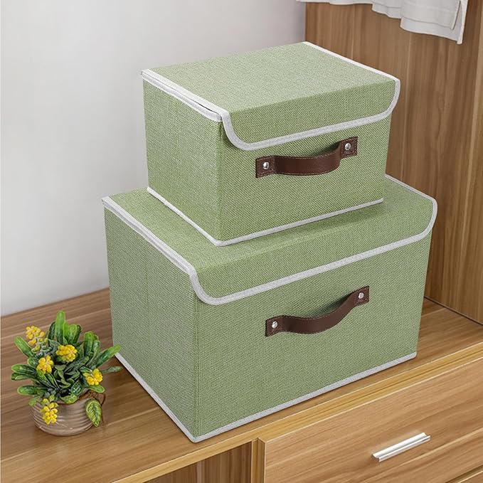 ANMINY Storage Bin with Lid Storage Boxes with PU Leather Handles PP Plastic Board Decorative Foldable Lidded Cotton Linen Fabric Home Cubes Baskets Closet Organizer Container - Green, Medium