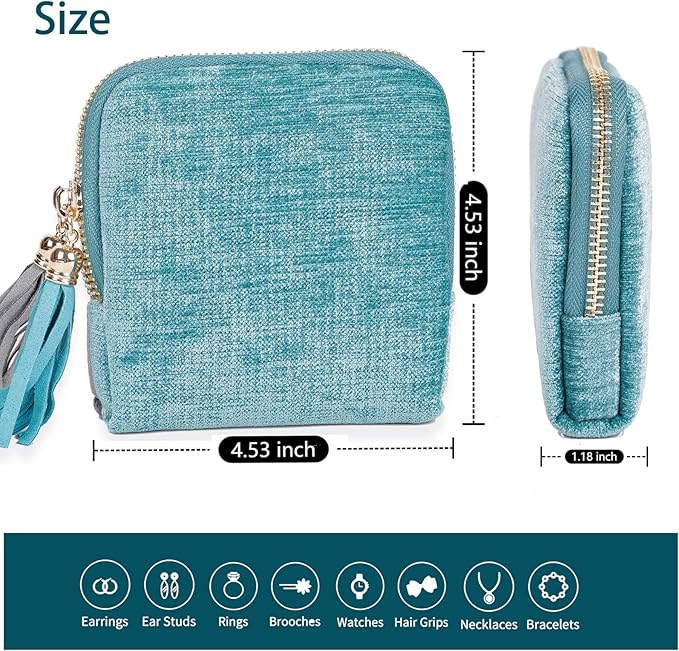 ASINGYER Travel Jewelry Storage Bag for Women, Velvet Portable Jewelry Organizer with Tassel Zipper, Small Pouches for Bracelets Necklaces Rings Earrings, Wedding Gift for Women (Sky blue)