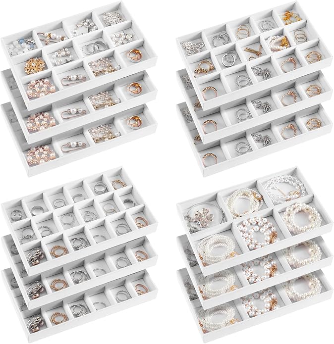 Junkin 12 Pcs Jewelry Tray Velvet Stackable Jewelry Organizer Trays Divided Earring Accessories Storage Containers Box (Rose Red)