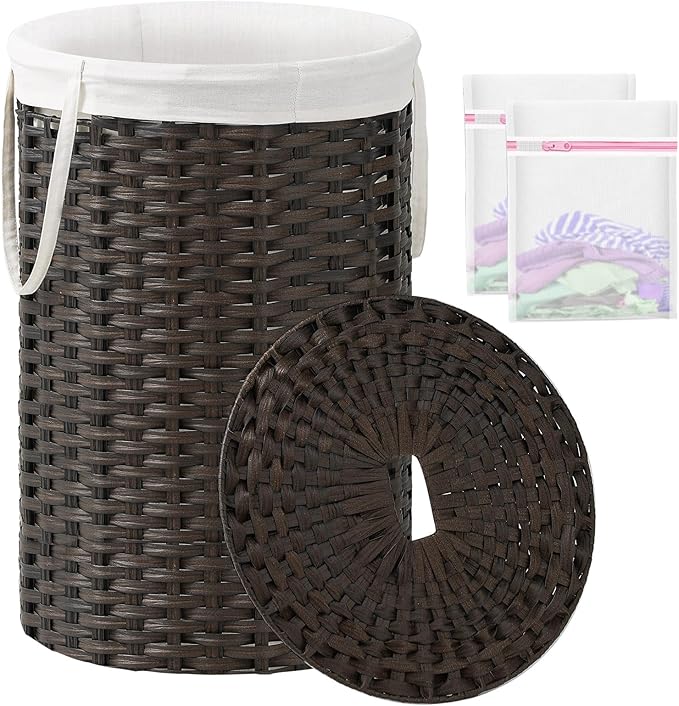 SETVSON Large Laundry Hamper Laundry Basket Round 34.3 Gal (130 L) Handwoven Wicker Laundry Baskets Rattan Laundry Basket with Laundry Bag Handles 2 Mesh Bags for Living Room Bedroom Brown