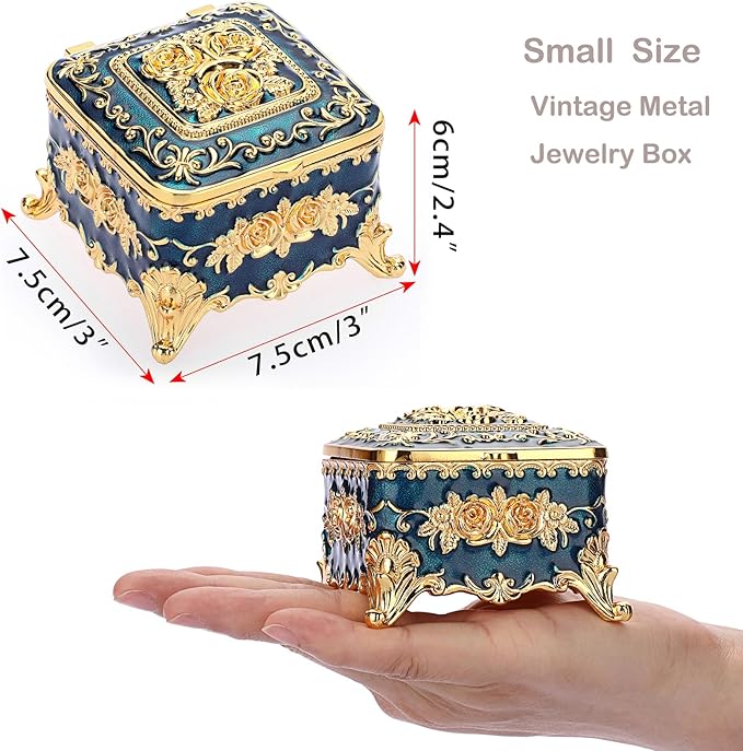Hipiwe Vintage Metal Jewelry Box - Small Trinket Organizer Ring Box Case with Rose Pattern, Jewelry Storage Box for Ring Earrings Necklace, Keepsake Box for Women, 3"x3"x2.4"