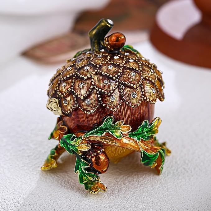 Hand Painted Fruit Trinket Box for Home Decor, Hinged Jewelry Organizer Storage, Unique Personalized Collectible Keepsake Figurine Handmade Decorative Ornament Gifts (Acorn)