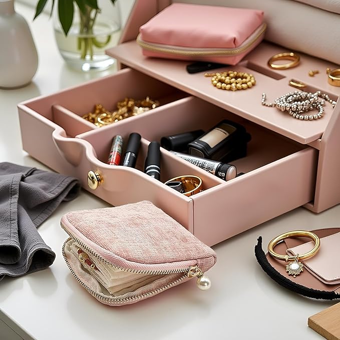 Small Travel Jewelry Case - Jewelry Travel Organizer Bag with Tassel Zipper for Bracelets, Necklaces, Bangles, Jewelry Organizer Storage Bag Gift for Women Girls - LJB002-Pink
