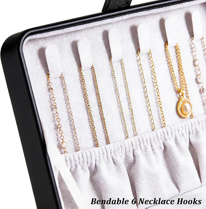 QBestry All-in-One Travel Jewelry Organizer for Women Black | Small Jewelry Box with 68 Earring Holes | Compact Portable Jewelry Case for Earrings, Rings, Necklaces | Perfect Gifts for Mom Wife Girls