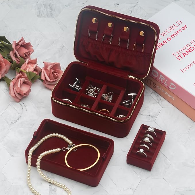 Velvet Travel Jewelry Organizer Box with Zipper Around,Portable Accessory Display Tray Holder Storage Case for Multiple Earrings Rings Necklaces Bracelets (Red)