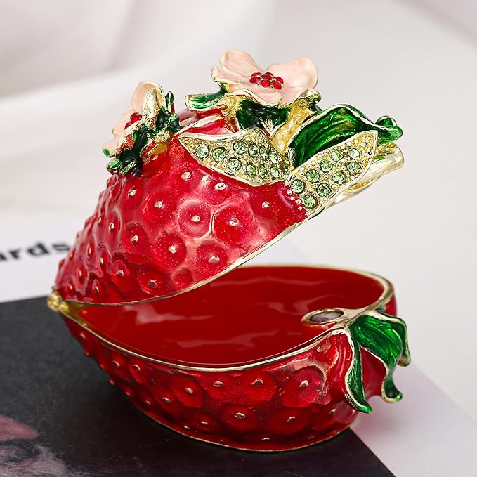 Hand Painted Fruit Trinket Box for Home Decor, Hinged Jewelry Organizer Storage, Unique Personalized Collectible Keepsake Figurine Handmade Decorative Ornament Gifts (Strawberry)