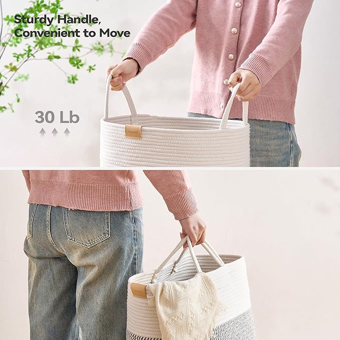 Nunsino Laundry Hamper 95L,Large Laundry Basket for Clothes,Decorative Storage Basket for Blankets,Cotton Rope Woven basket for bedroom,Grey White