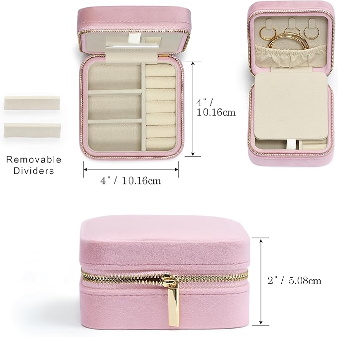 BLUTETE Travel Jewelry Box Organizer Velvet Travel Case With Mirror Ring Earrings Necklaces Storage Organizer Box (Light Pink)