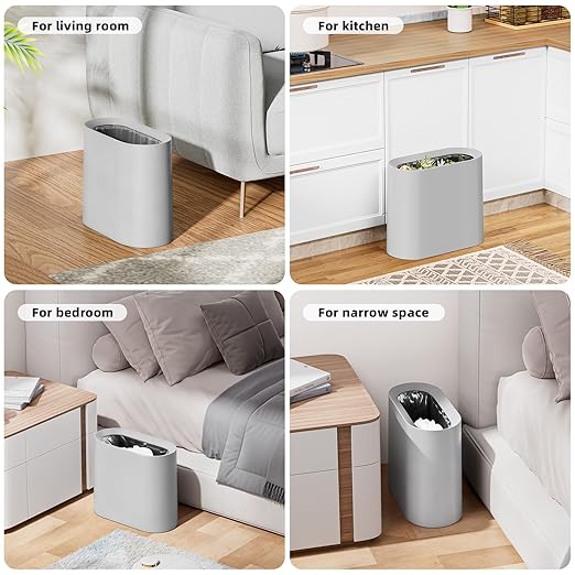 SUBEKYU 2.3 Gal Trash Can for Bathroom,Small Office Garbage Can for Kitchen,Slim Rectangular Waste Bin,Plastic,Grey