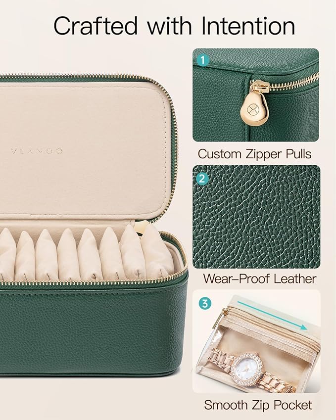VLANDO Jewelry Travel Case,Travel Jewelry Organizer with Clear Velvet Jewelry Bags 12Pcs Zipper Pouch for Women Girl Gift-Green