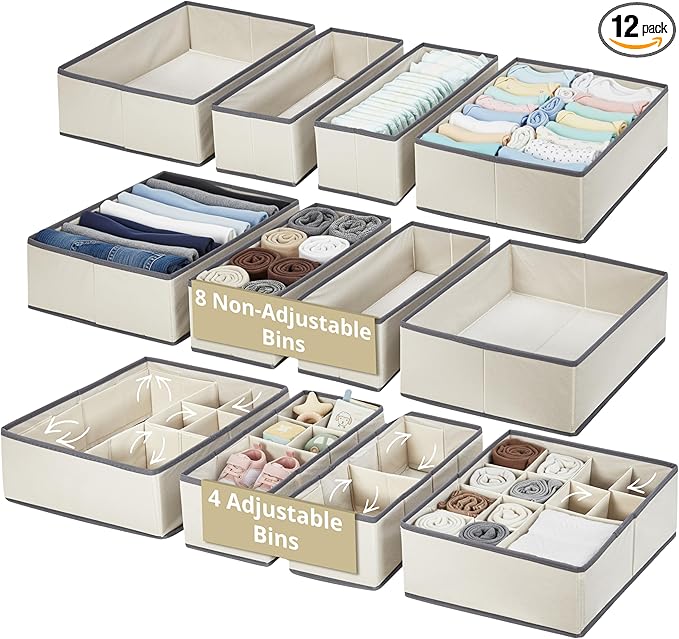 DECOMOMO Drawer Organizer for Baby – 12 Pack Clothes Organizer & Storage Dividers for Nursery, Storage Bins for Underwear, Bra, Socks, Diapers & Newborn Essentials (Beige)