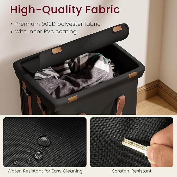 Double Laundry Hamper with Lid, Rolling Laundry Basket with Wheels and 2 Removable 75L Bags, 2 Section Large Capacity for Laundry Bedroom Bathroom Dorm, Easy Move & Organize,150L Black