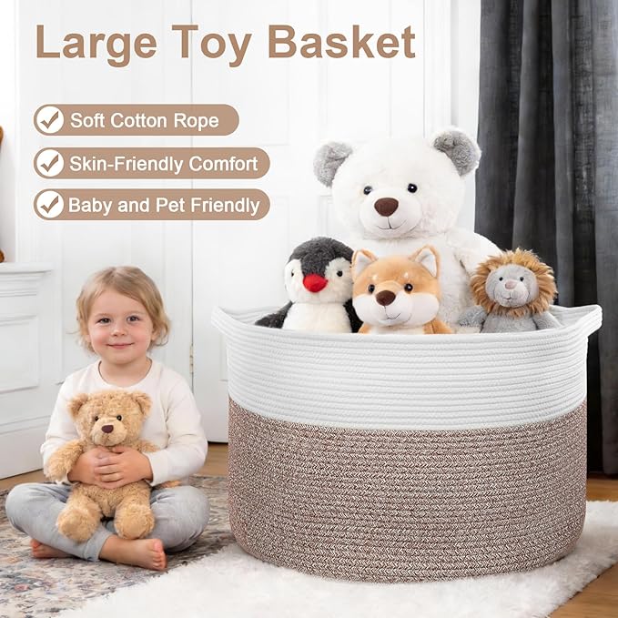 XXXL Large Laundry Basket, 105L Soft Cotton Rope Basket, Blanket Storage and Organizers, Baby Nursery Laundry Hamper, Extra Large Toys Storage Bins for Kids 23.6'' x 14.6'', White & Brown