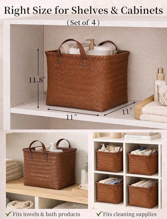 Hand Woven Baskets for Storage, 4Pcs Water-Resistant Wicker Baskets, Brown Wicker Storage Baskets for Shelves, Large Basket with Handle for Organizing, Clothes, Laundry, Blanket - Square