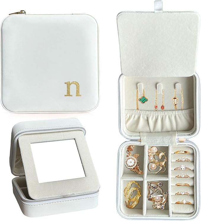 COLLECTIVE HOME - Travel Jewelry Case, Elegant Square Design with Gold Engraved Monogram, Built-in Mirror, Personalized Accessory Organizer for Rings, Necklaces, Gift for Women and Teens (n)