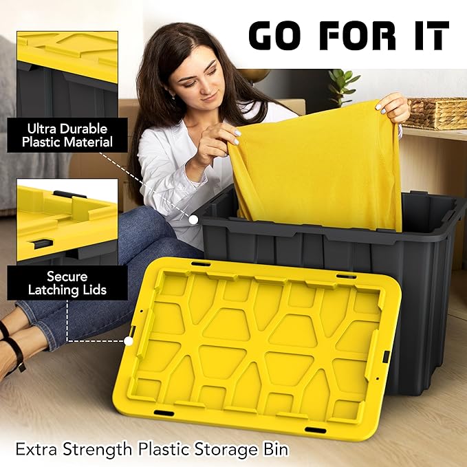 4 PACK X-Large Black & Yellow Storage Bins | Plastic Tote Organizing Container with Secure Latching Lids, Stackable, Extra Strength with Built in Handle | Black and Yellow Bins | 24.5" x 16.5" x 16.6"
