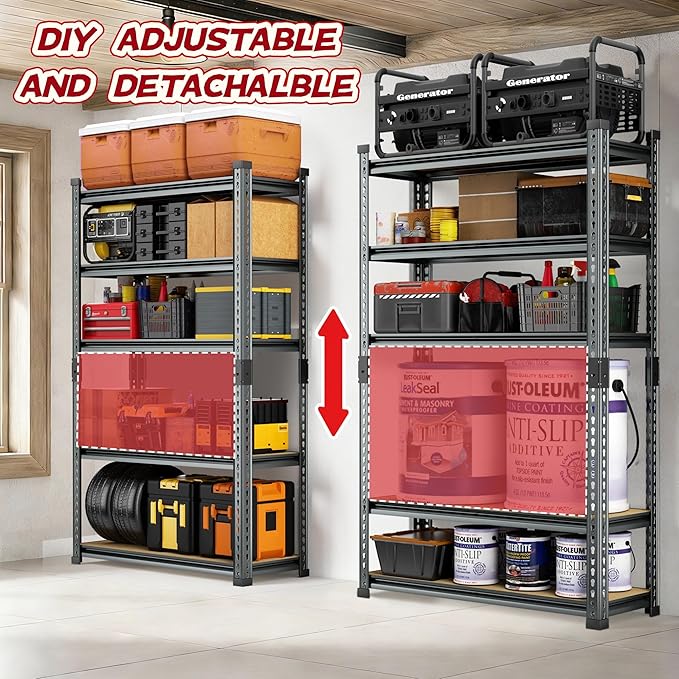 Garage Shelving Heavy Duty, 3000LBS Metal Storage Shelves 5 Tier, Adjustable Shelving Unit 46" W x 20" D x 72" H, Boltless Garage Storage Rack for Garage Basement, Pantry, Warehouse 1Pcs