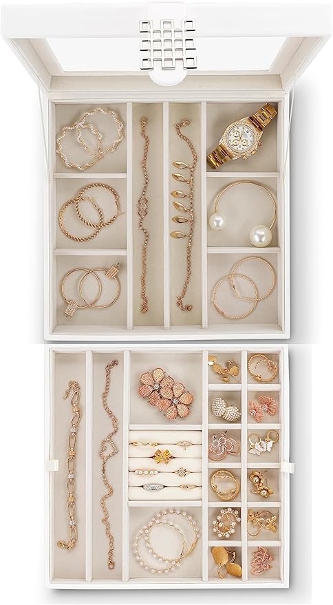 Glenor Co 28 Section Jewelry Box - 2 Layer - Buckle Snap & Magnet Closure - Large Glass Top - Leather Design - White - Jewelry Organizer for Women & Girls - for Earring Ring Necklace & Bracelet