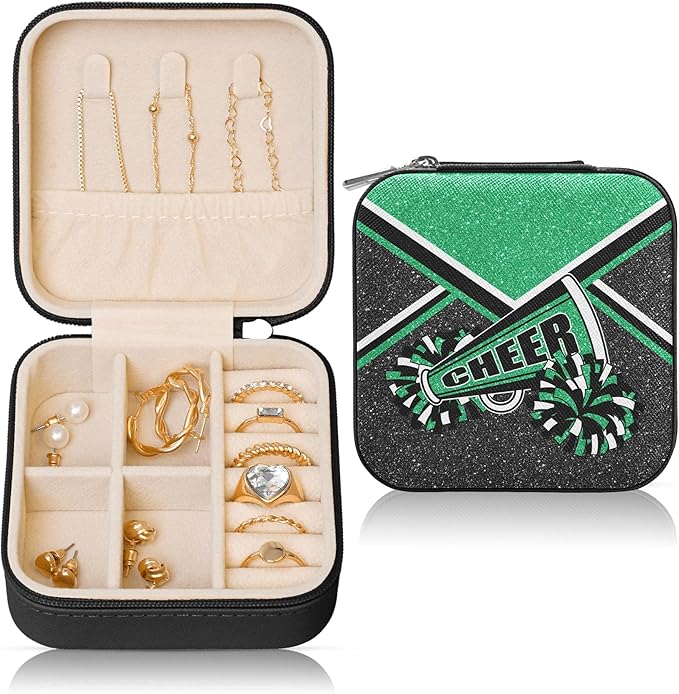 Cheerleader Travel Jewelry Case, Cheer Travel Jewelry Box for Women, Mini Jewelry Travel Case for Cheer Team, Cheerleader Gifts for Girls (Green)