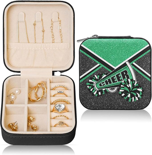 Cheerleader Travel Jewelry Case, Cheer Travel Jewelry Box for Women, Mini Jewelry Travel Case for Cheer Team, Cheerleader Gifts for Girls (Green)