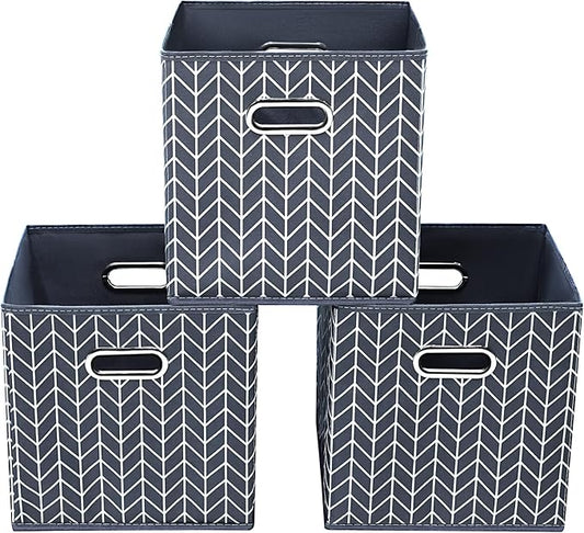 11 Inch Cube Storage Bins , Fabric Cube Organizer Bins with Handle, Foldable Cube Bins for Cloth or Accessary Storage, 11x11x11 Set of 3 (Gray Wave)