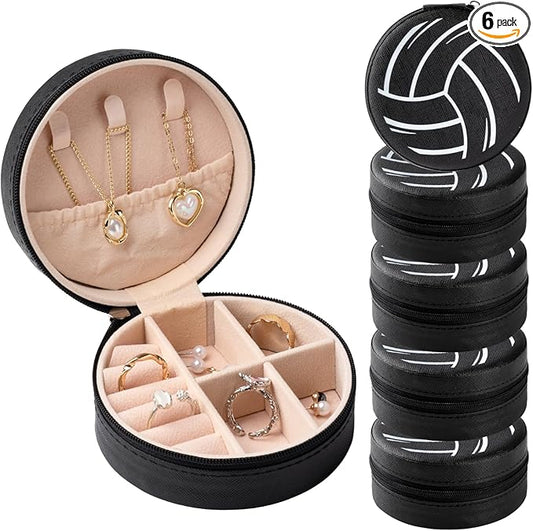 6 Pack Volleyball Mini Travel Jewelry Case Portable Black Round Volleyball Stuff Jewelry Organizer Storage Case for Team Athletes & Sports Enthusiasts Christmas Events & Milestones