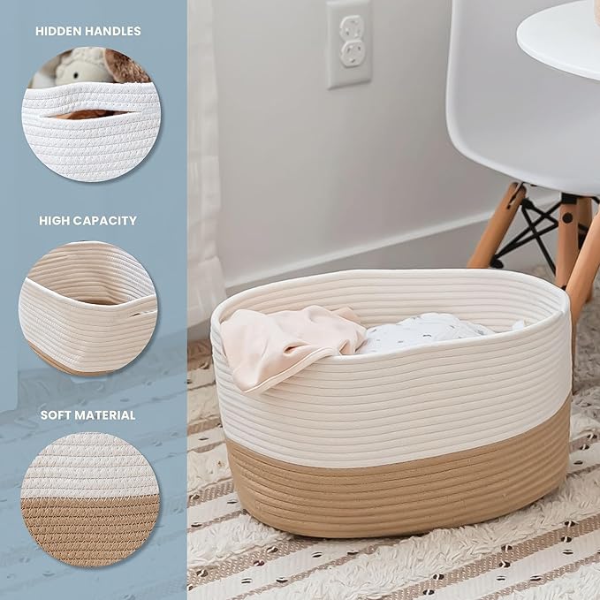 OrganiHaus Cotton Rope Basket for Shelf - Woven Storage Basket for Organizing, Closet & Toy Storage - Honey/Off-White - 15x9x10