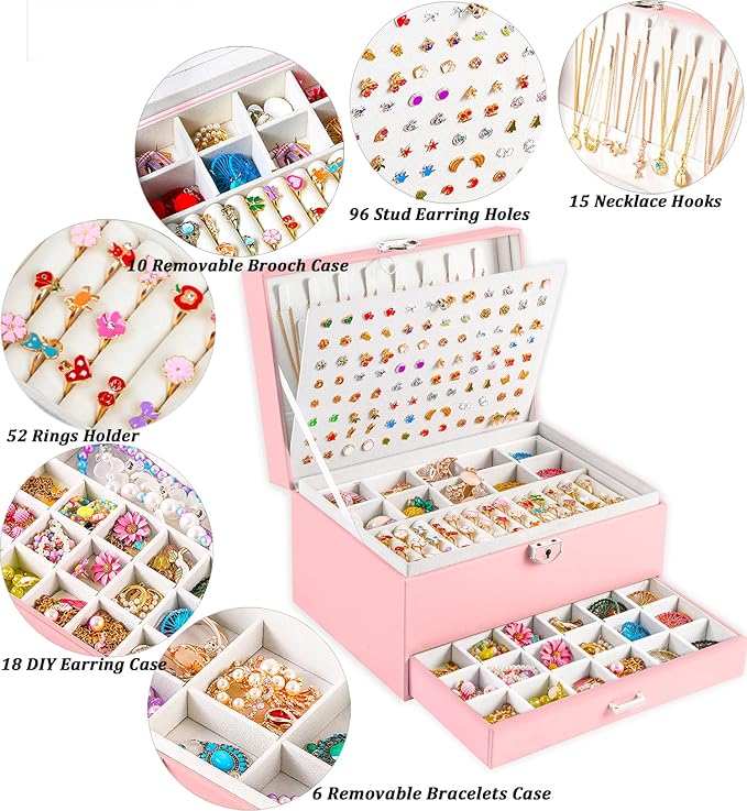 QBestry Earring Jewelry Box for Girls Pink, 5 Layers Jewelry Organizer with Lock Key Jewelry Boxes for Women Necklace and Earring Holder Organizer for Girls Teen Jewelry Box Earrings Case Xmas Gifts