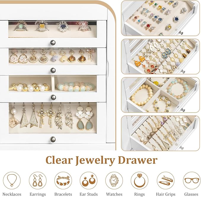 Large Jewelry Box & Organizer for Women, Wooden Jewelry Storage with 4 Transparent Drawers, Holds Necklaces, Rings, Bracelets, Earrings and Watches(White)