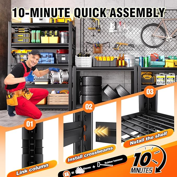 Storage Shelves, 2500lbs Garage Shelving,Adjustable Heavy Duty Shelving Unit,5T Tall Garage Shelves，Metal Standing Shelf Units,Utility Rack For Kitchen Warehouse Industrial Basement 72*36*16