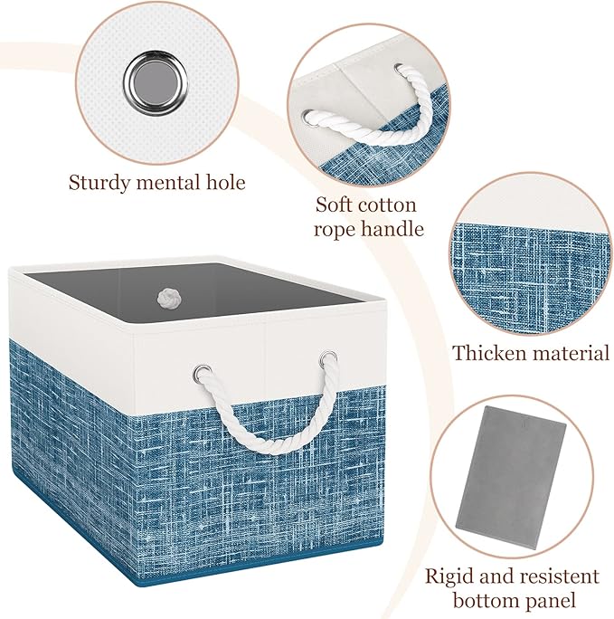 StorageTastic Storage Bin,Collapsible Storage Basket For Organizing,Large Storage Boxes With Rope Handles,Storage Containers,White & Blue,6 Pack