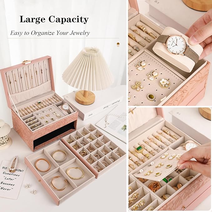 TOFUNTOY Jewelry Organizer Box, Large Jewelry Boxes for Women, 3-Layer Jewelry Holder Organizer for Necklace Earrings Rings Bracelets Storage, Gift for Her Mom