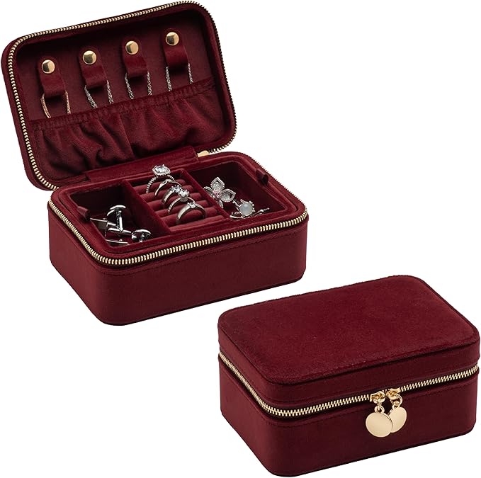 Velvet Travel Jewelry Organizer Box with Zipper Around,Portable Accessory Display Tray Holder Storage Case for Multiple Earrings Rings Necklaces Bracelets (Red)
