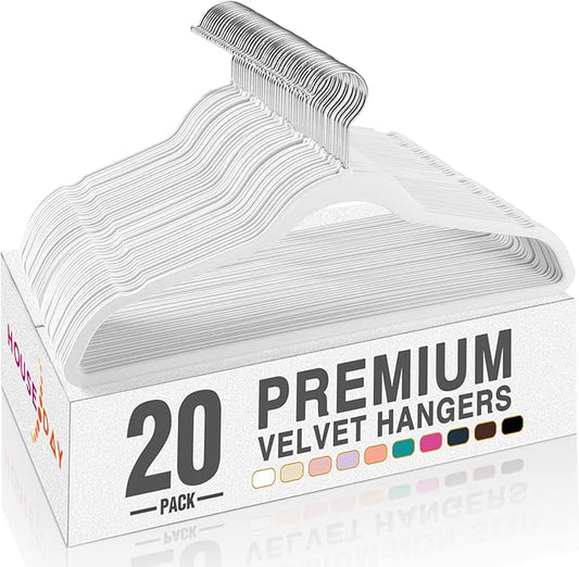 HOUSE DAY White Velvet Hangers 20 Pack, Non Slip Clothes Felt Hanger Heavy Duty for Coat, Premium Slim Space Saving Suit Hangers for Closet Organizer, 360° Rotating Silver Hook