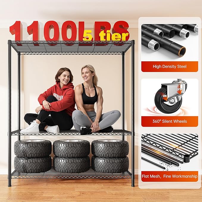 REIBII 45''W Storage Shelves with Cover & Wheels, Metal Shelving Waterproof Dustproof, Wire Shelving Unit Covers, Garage Storage Rack Wire Shelf for Kitchen Pantry, Storage Room, 45Wx17.72Dx72.83H
