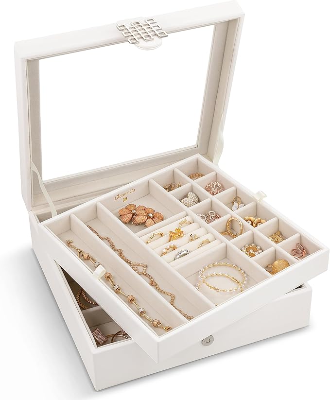 Glenor Co 28 Section Jewelry Box - 2 Layer - Buckle Snap & Magnet Closure - Large Glass Top - Leather Design - White - Jewelry Organizer for Women & Girls - for Earring Ring Necklace & Bracelet