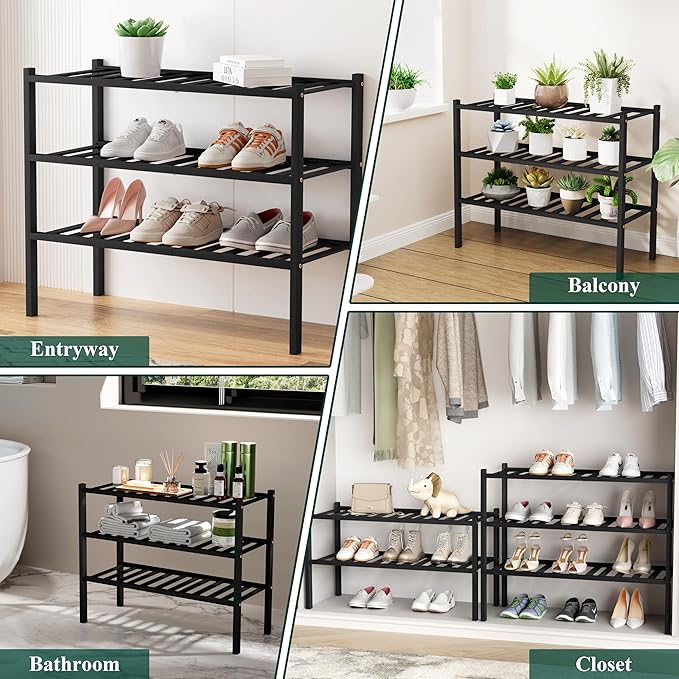Smiry Shoe Rack, 2 Tier Long Bamboo Shoe Organizer, Stackable Free Standing Wooden Shoe Storage Shelf for Closet, Entryway, Front Door Entrance, Black