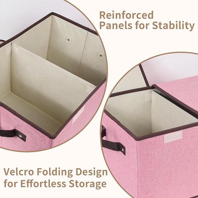 Foldable Fabric Storage Box, 16.5 x 11.8 x 9.8 inches (L x W x H), with Double-Lid & Dividers, Large Organizer for Home, Closet, Office(Pink)