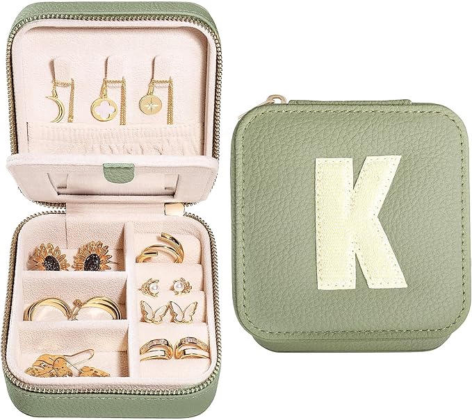 S.Leaf Initial Travel Jewelry Case - Portable Jewelry Box for Women - Small, Gift Boxes - Organizer Box - Letter K