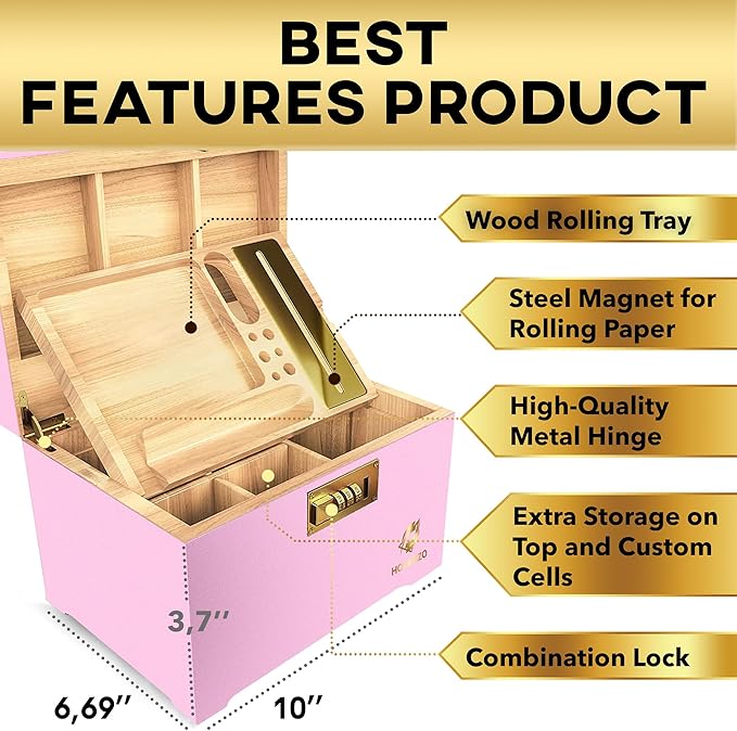 HOVANZO Premium Large Bamboo Storage Box with Removable Tray - Storage Wood Box for Herbs and Accessories - Storage Box Set with Combination Lock - Smell Proof Container with Accessories