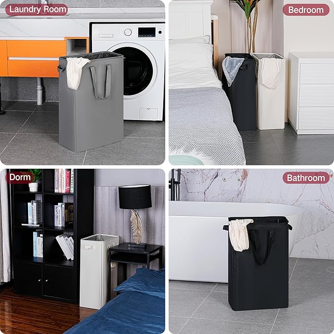 efluky Slim Laundry Basket, Narrow Laundry Hamper with Handles, Collapsible Dirty Clothes Hamper, Tall Laundry Bin for Laundry Room, Dorm and Bedroom, 19.8 Gallon (75L) Grey (Pack of 2)