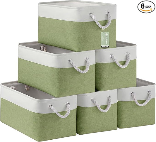 Large Storage Baskets- 15x11x10 inch Storage Bins for Shelves and Closet Organizing, Foldable Fabric Bin for Home Organization Clothes and Laundry (6-Pack, White&Green)