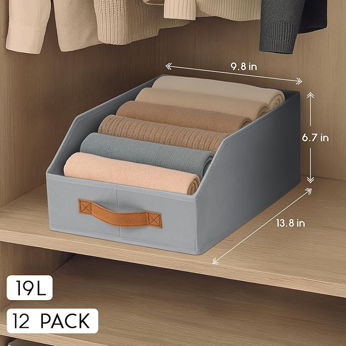 Homsorout Fabric Storage Bins for Organizing - 12 Pack Large Trapezoid Collapsible Storage Bins with Front Handle, Closet Organizers and Storage for Bedroom, Home Shelves, Small Spaces, Grey